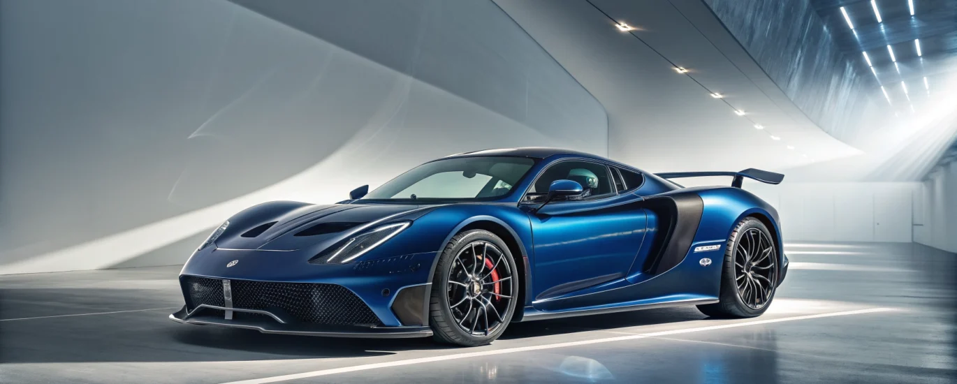 A sleek, modern sports car with custom aerodynamic design and a premium metallic finish, studio lighting.